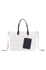 An image of the Tommy Hilfiger Iconic Tommy Perforated Tote in the colour Ecru.