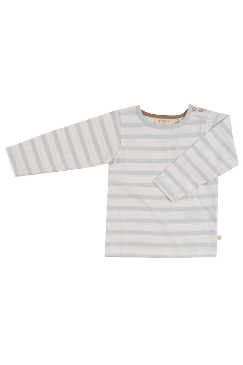 Pigeon Organics Long Sleeve Stripe T-Shirt. A long sleeve, round neck T-shirt with blue stripes.