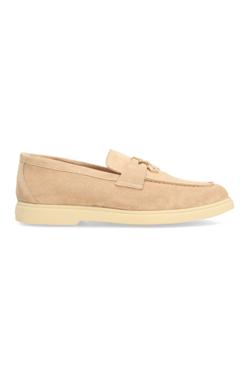 Alpe Suede Loafers in a sand colour with a small lock & key charm on the front