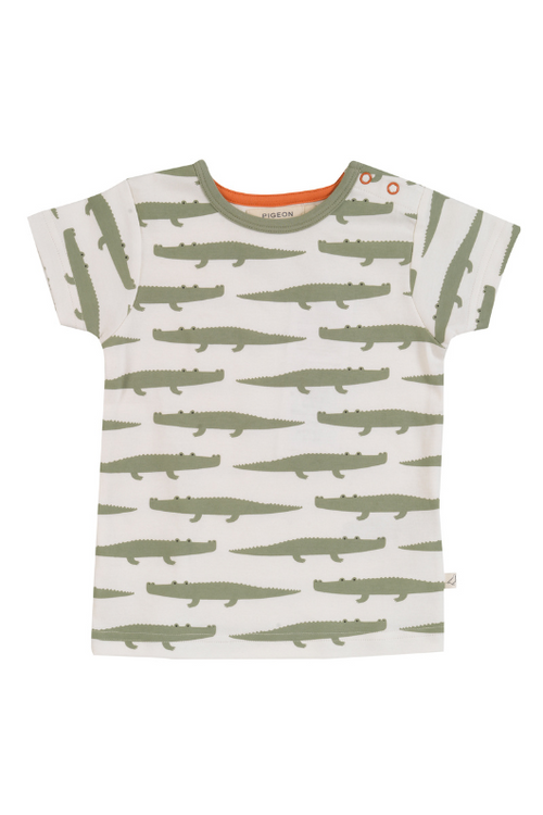 Pigeon Organics Short Sleeve T-Shirt Crocs. A short sleeve, round neck T-shirt with green crocodile print.