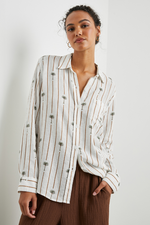 Rails Charli Shirt. A lightweight, linen women's shirt with a button down design, and a cool palm tree & stripe pattern on a white background.