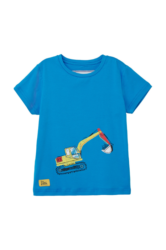 Lighthouse Oliver Short Sleeve Top. A boys, cotton t-shirt with a round neckline, short sleeves and a cool digger design on a light blue background.