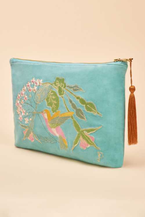 Powder Hummingbird Velvet Zip Pouch. A large zip bag with a vibrant hummingbird design