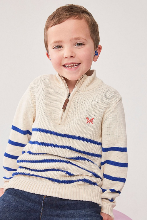 An image of a boy model wearing the Crew Clothing Stripe Half-Zip Knit Jumper in the colour Navy White.