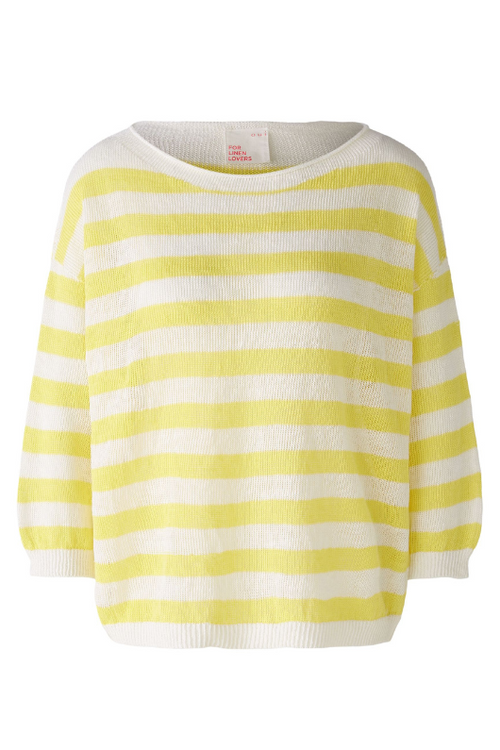 Oui 3/4 Sleeve Stripe Jumper. A lightweight jumper with 3/4 length sleeves, round neckline, and yellow/white striped pattern.