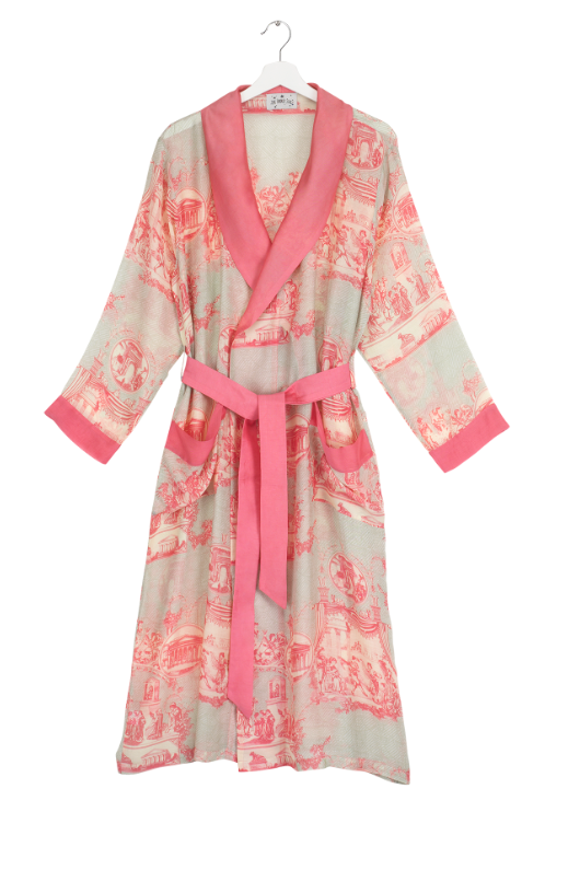 One Hundred Stars Ancient Pink Gown. A cosy, midi-length dressing gown with a belt tie at the waist, long sleeves, and an all-over intricate design.