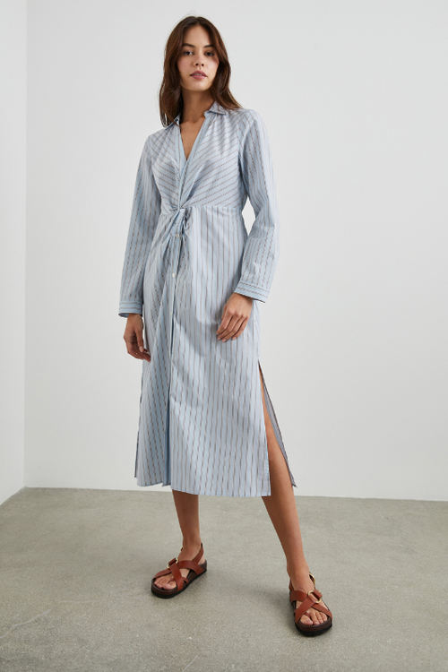 Rails Irie Dress in Hampton Stripe. A midi length, shirt-style dress with a striped design, collared neck, long sleeves and knot detail at the waist.
