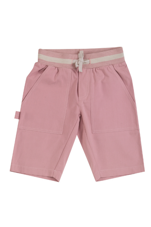 Pigeon Organics Painter Shorts. A pair of pink shorts with stretchy waistband and deep pockets.