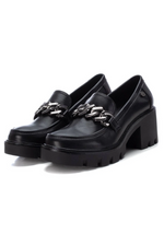 Xti Chunky Heel Loafer. A black vegan leather loafer with chain detail and chunky heeled sole.