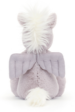 Jellycat Bashful Pegasus. A soft toy Pegasus with soft lilac fur, stitched fluttery wings, and suedette muzzle.