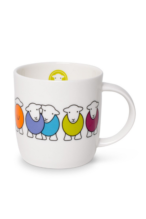 The Herdy Company Marra Mug with colourful sheep on a white background.