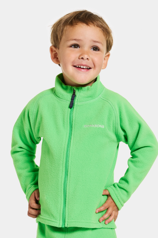 Didriksons Monte Jacket. A boys mid-layer jacket in green with zip fastening, chin guard, and a thermal fleece finish