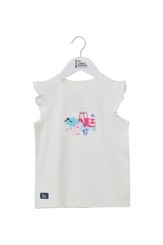 Lighthouse Causeway Swing Tee. A regular fit, kids t-shirt with short ruffle trim sleeves, a crew neck, and a tractor & animal design on a white background.