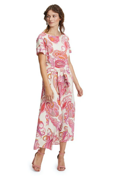 An image of the Betty Barclay Cap Sleeve Dress in midi length with pink paisley print.