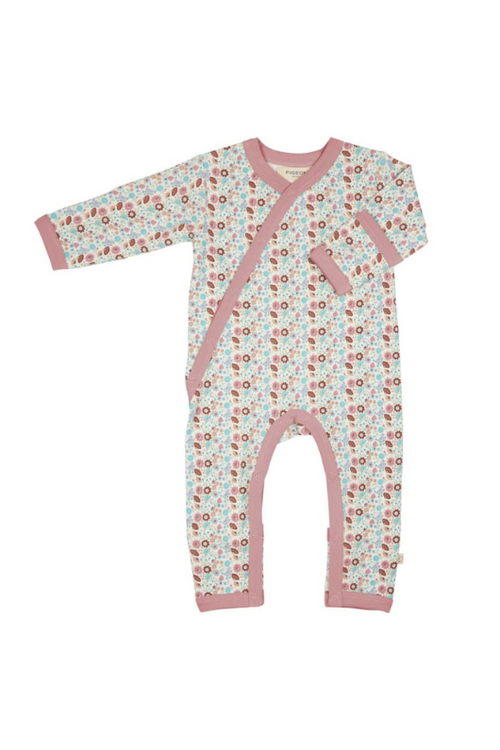 Pigeon Organics Kimono Romper. A kimono-style romper with diagonal opening, poppers, cuffs at feet and built-in scratch mitts, in a pink floral print.