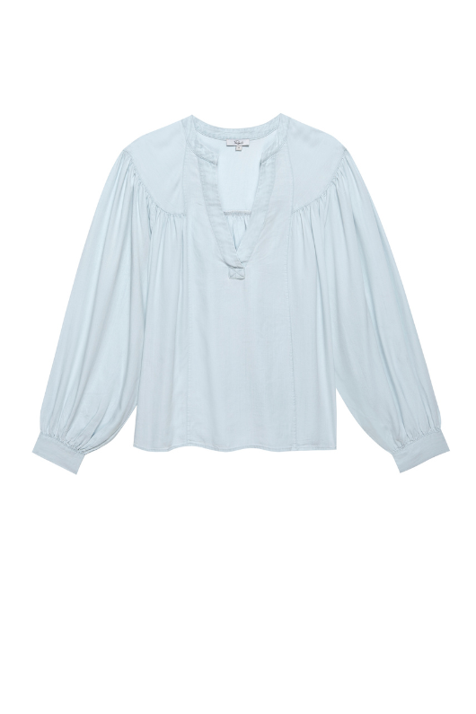 Rails Fable Blouse. A soft, flowing blouse with a V-neck, drop shoulders, long ruched sleeves, and a high-low hem.