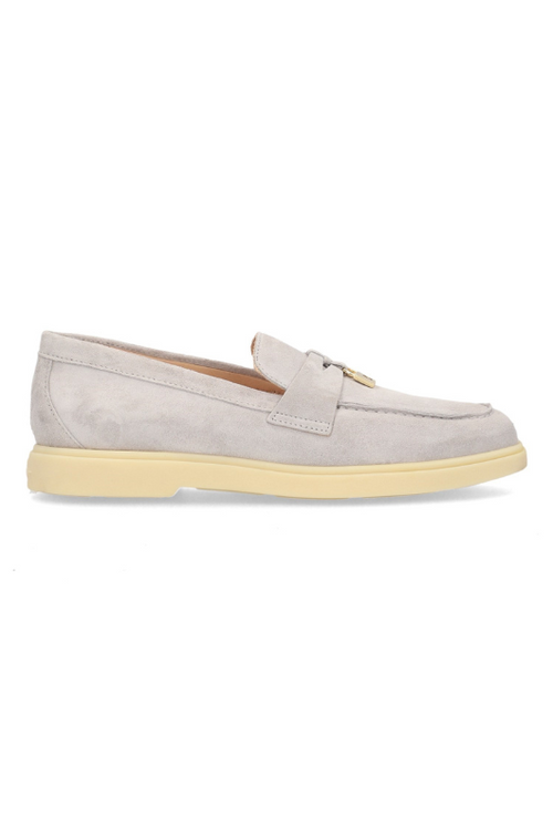 Alpe Suede Loafer in grey colour with a 1cm heel, and a small lock & key charm on the front.