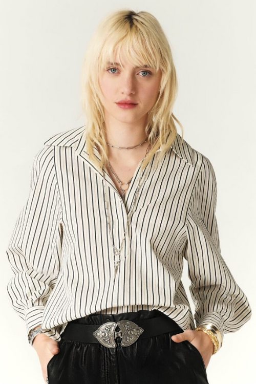 An image of a female model wearing the BA&SH Felicia Raglan Sleeve Shirt in the colour Ecru.