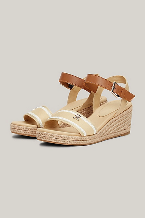 An image of the Tommy Hilfiger Webbing Strap Rope Detail Wedge Sandals in the colour Harvest Wheat.