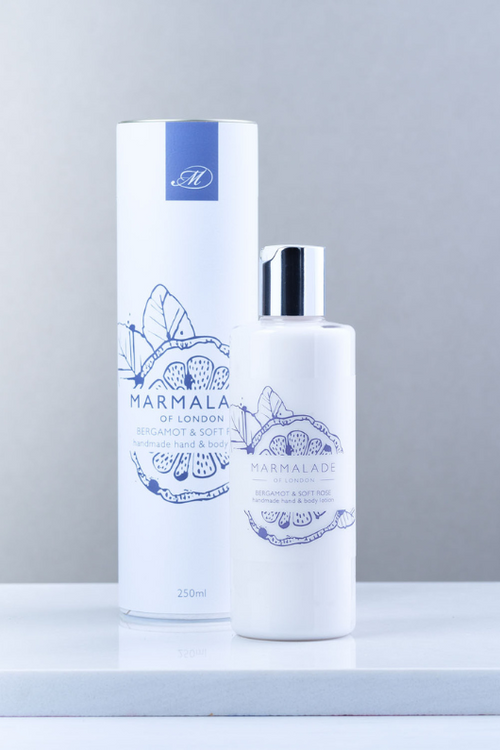 Marmalade of London Hand & Body Lotion 250ml - Bergamot & Soft Rose scent in purple packaging