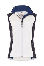 Dubarry Redbarn Gilet in White with Navy detail on the sides. A zip-up gilet with a dipped back hem and rib knit cuff detail