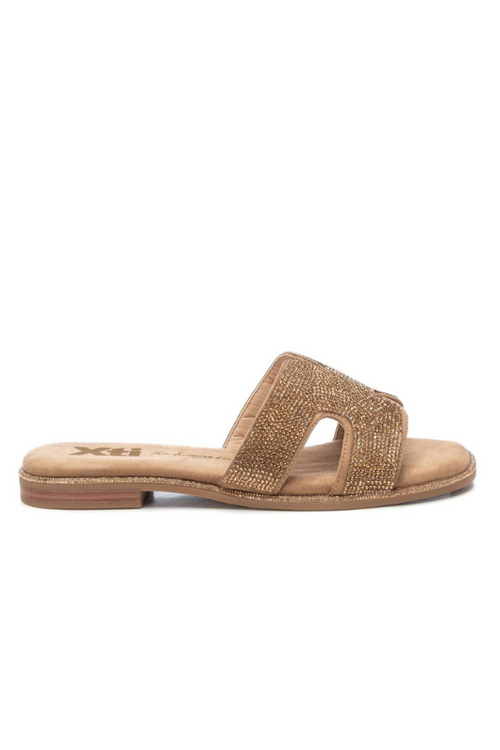 Xti Slip On Flat Sandal. A chic, backless flip-flop with an open toe, and a sparkly strap