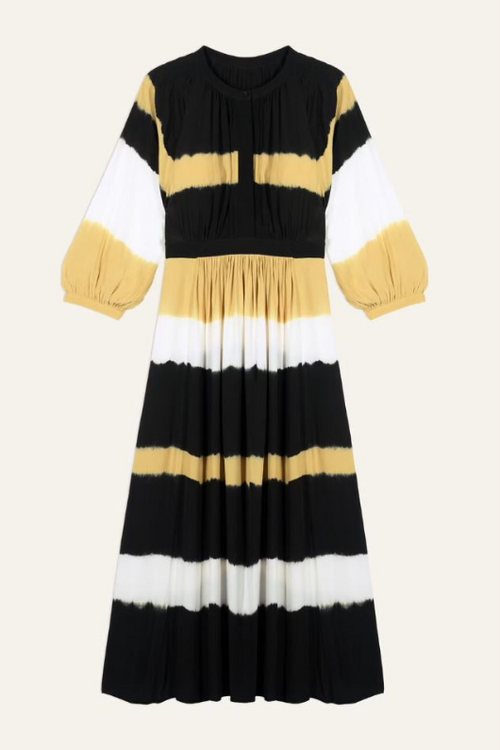 BA&SH Valeria Dress Tie Dye Design. A midi-length dress with long sleeves, an elasticated waist and a black, white and yellow tie-dye print.