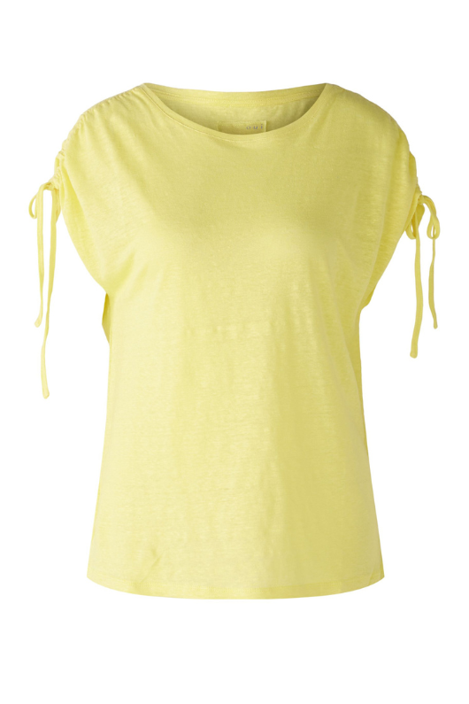 Oui Linen Blend T-Shirt. A regular fit yellow T-shirt with round neckline and short sleeves featuring a tie detail.
