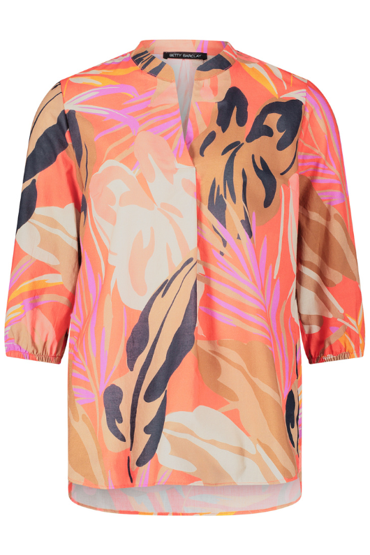 An image of the Betty Barclay Leaf Print Tunic-Style Blouse in the colour Red/Beige.