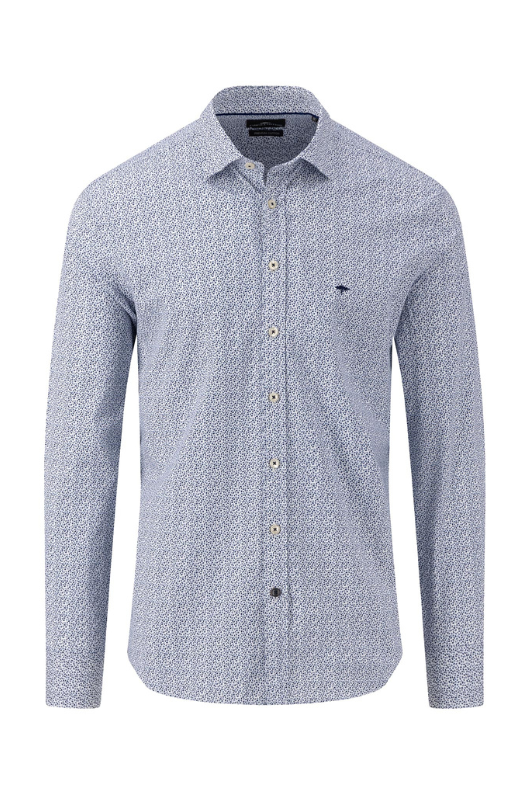 Fynch-Hatton Cotton Shirt. A casual fit, smooth cotton shirt with button fastening, a kent collar, and a minimal design on a blue background.