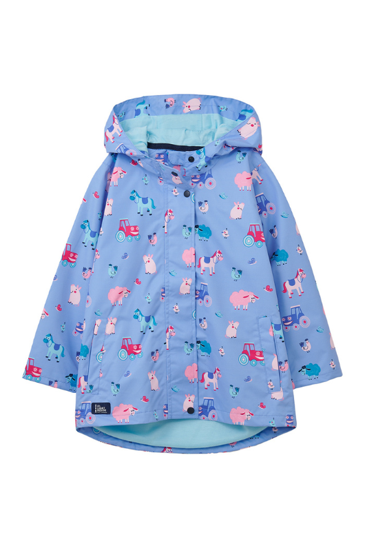 Lighthouse Olivia Jacket. A lightweight, waterproof kids coat with a soft jersey lining, two front pockets, a zip-up front, and a cute farm animal design on a lilac background.