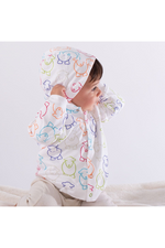 The Herdy Company Baby Marra Hoodie in White with colourful sheep outlines all-over.