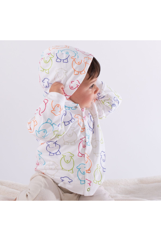 The Herdy Company Baby Marra Hoodie in White with colourful sheep outlines all-over.