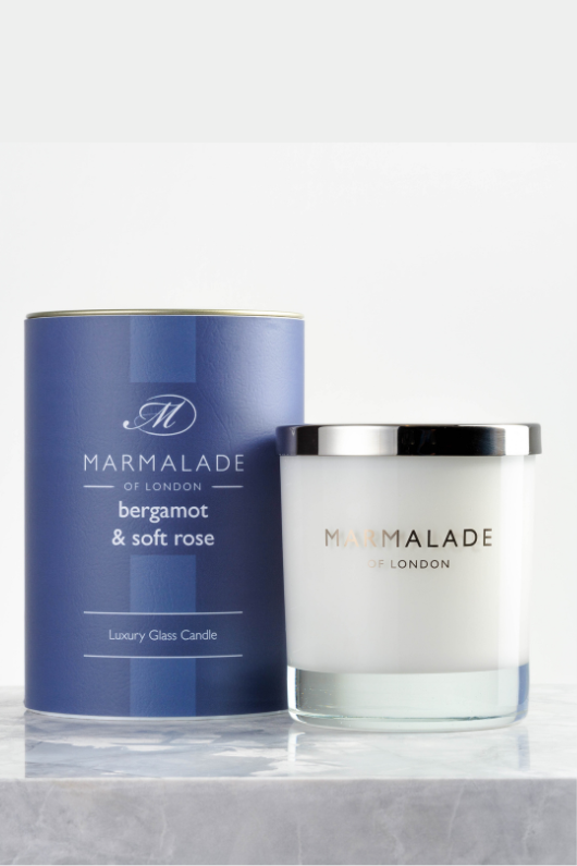 Marmalade of London Luxury Glass Candle - Bergamot & Soft Rose scent in blue packaging