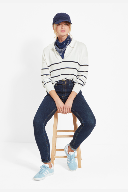 Schoffel Roseland Jumper. A super soft, relaxed fit jumper with an open-collared neck, and a thin navy stripe design