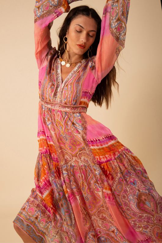 An image of a model wearing the Hale Bob Allison Chiffon Maxi Dress in Pink.