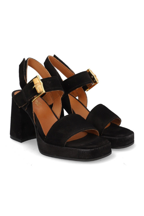 Alpe Platform Sandal. Black, block heel sandals with gold buckle fastening, an open toe, and a 9cm heel