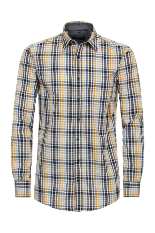 Casa Moda Long Sleeve Check Shirt. A long sleeve shirt with yellow check pattern in a slightly fitted style. This shirt has a Kent collar and button fastening.