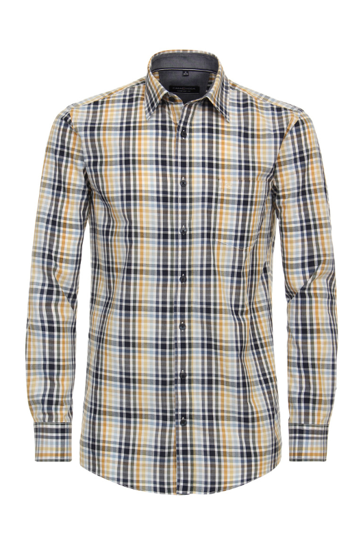 Casa Moda Long Sleeve Check Shirt. A long sleeve shirt with yellow check pattern in a slightly fitted style. This shirt has a Kent collar and button fastening.