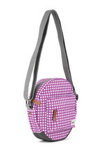 An image of the Roka London Paddington B Purple Gingham Recycled Canvas Crossbody Shoulder Bag.