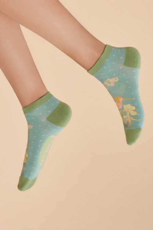 Powder Trainer Socks. Super comfy cotton & bamboo mix socks with an aqua hummingbird design.