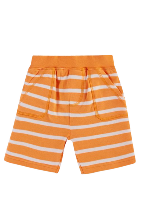 An image of the Frugi Little Ellis Shorts in the colour Tangerine Breton.