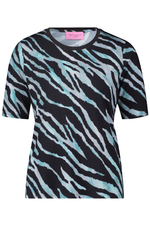 An image of the Betty Barclay Animal Print Short Sleeve T-Shirt, with short sleeves, round neckline, and animal print. Petrol/Black.