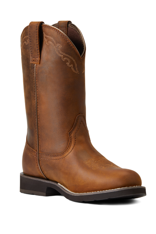 An image of the Ariat Delilah Round Toe Waterproof Western Boot in the colour Distressed Brown.