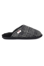 An image of the Bedroom Athletics William Harris Tweed Mule Slippers in the colour grey/black. 