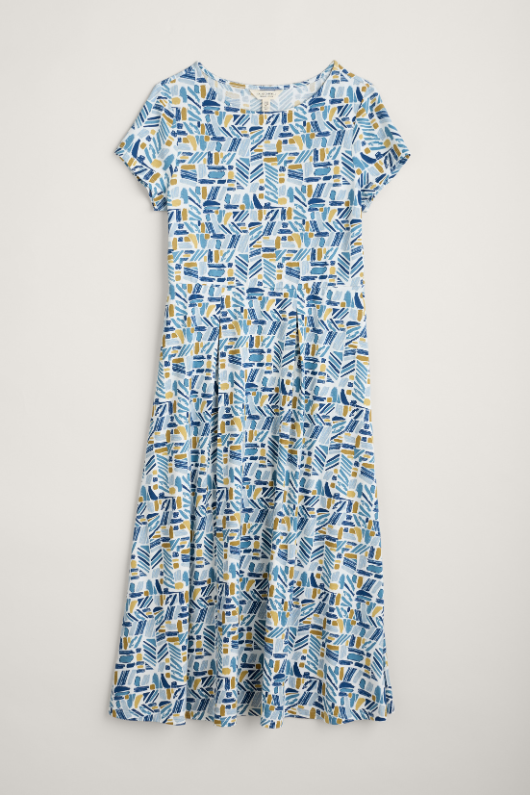An image of the Seasalt Wild Bouquet Jersey Dress in the colour Hedging Marks Saltwater.