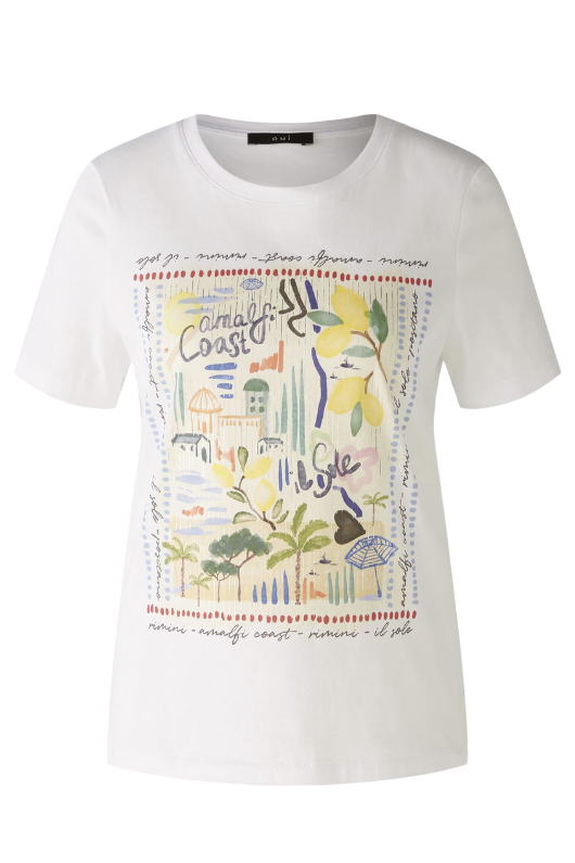 Oui Amalfi Print T-Shirt. A classic fit white T-shirt with short sleeves, round neckline, and Amalfi themed print featuring silver foil detail.