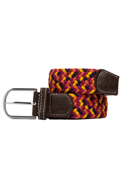 Swole Panda Zigzag Woven Belt. A bright, eye-catching men's belt with an orange, yellow, burgundy and black zigzag woven design.