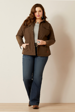 An image of a female model wearing the Ariat Dilon Shirt Jacket in the colour Canteen.