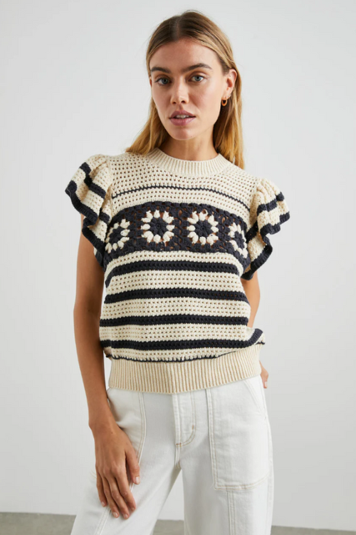 An image of a female model wearing the Rails Penelope Top in the colour Oat Navy Crochet Stripe.